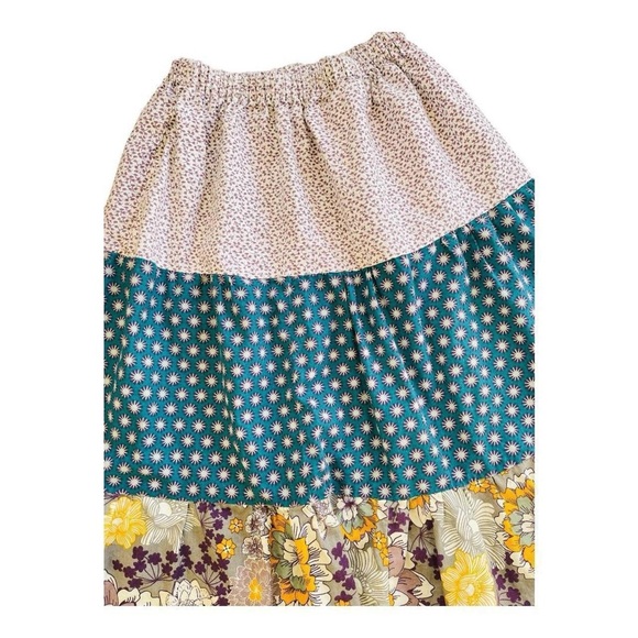 Handmade Retro Cute Teal Yellow Purple Tiered Multi Pattern Floral Cotton Skirt - Picture 3 of 5